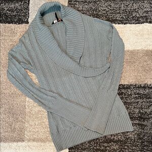 BCBGMaxAzria cable knit shawl collar faux wrap sweater, sage green, size L GUC!